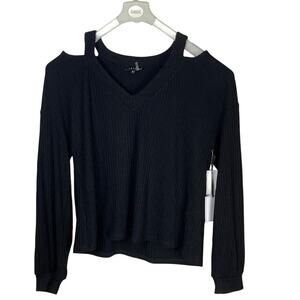 1. STATE Black Rib Knit Cut-Out V-Neck Top NWT Size XL